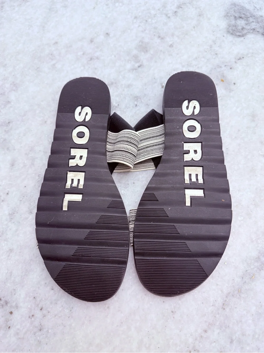 Sorel Men’s Black Slide Sandals with Beige Straps